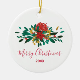 Modern Red Green & Gold KerstFloral Keramisch Ornament