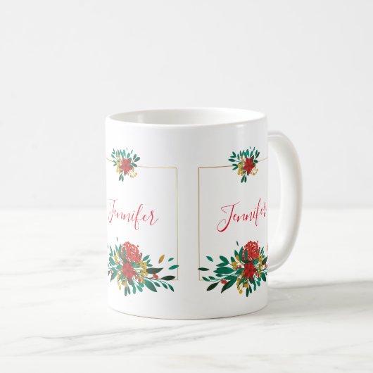 Modern Red Green & Gold KerstFloral Koffiemok (Voorkant rechts)
