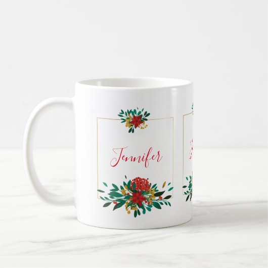 Modern Red Green & Gold KerstFloral Koffiemok (Links)
