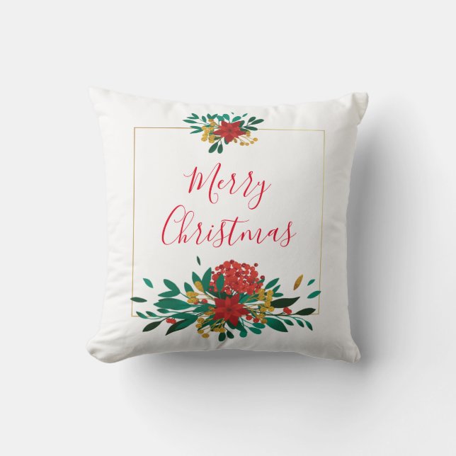 Modern Red Green & Gold KerstFloral Kussen (Voorkant)