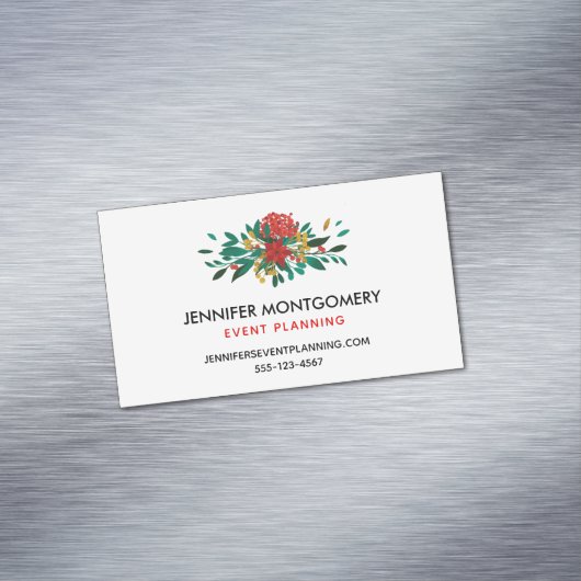 Modern Red Green & Gold KerstFloral Magnetisch Visitekaartje (Voorbeeld)