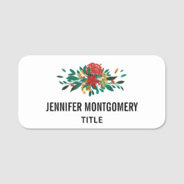 Modern Red Green & Gold KerstFloral Naamplaatje