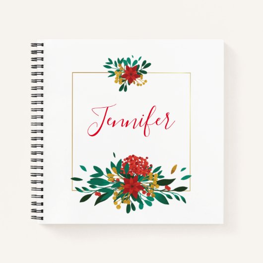 Modern Red Green & Gold KerstFloral Notitieboek (Voorkant)