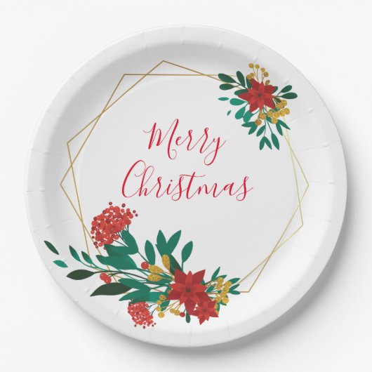 Modern Red Green & Gold KerstFloral Papieren Bordje (Voorkant)
