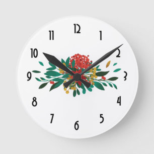 Modern Red Green & Gold KerstFloral Ronde Klok