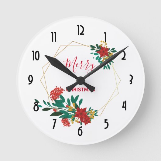 Modern Red Green & Gold KerstFloral Ronde Klok (Voorkant)