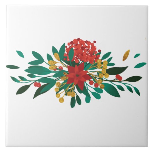 Modern Red Green & Gold KerstFloral Tegeltje (Voorkant)