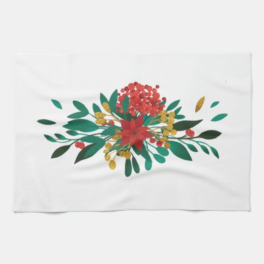 Modern Red Green & Gold KerstFloral Theedoek (Horizontaal)