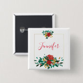 Modern Red Green & Gold KerstFloral Vierkante Button 5,1 Cm (Voorkant /achterkant)