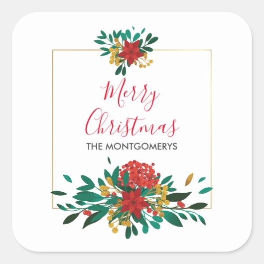 Modern Red Green & Gold KerstFloral Vierkante Sticker (Voorkant)