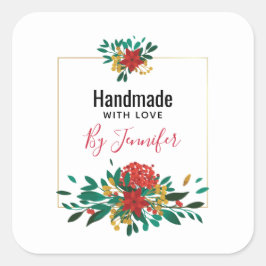 Modern Red Green & Gold KerstFloral Vierkante Sticker