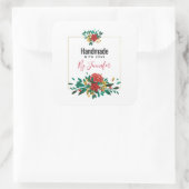 Modern Red Green & Gold KerstFloral Vierkante Sticker (Tas)