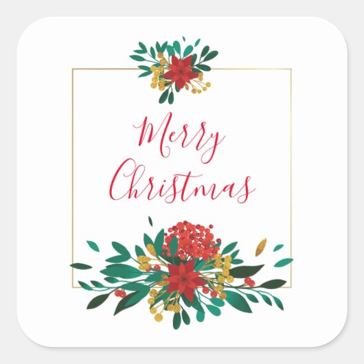 Modern Red Green & Gold KerstFloral Vierkante Sticker (Voorkant)
