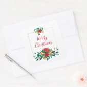 Modern Red Green & Gold KerstFloral Vierkante Sticker (Envelop)