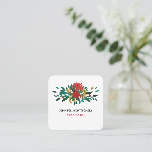 Modern Red Green & Gold KerstFloral Vierkante Visitekaartje (Staand voorkant)