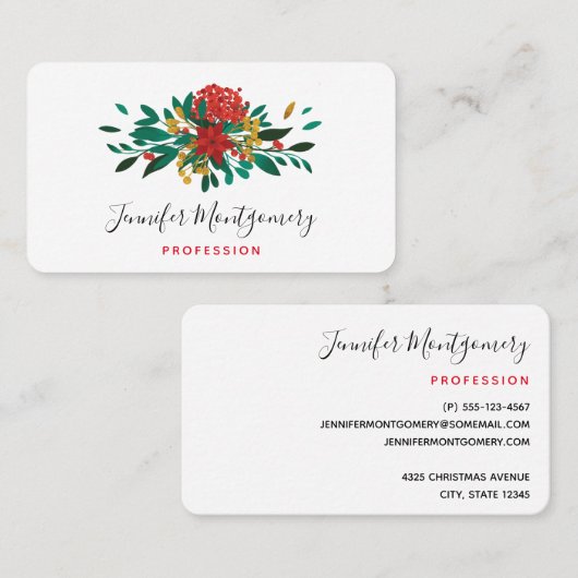 Modern Red Green & Gold KerstFloral Visitekaartje (Voorkant / Achterkant)