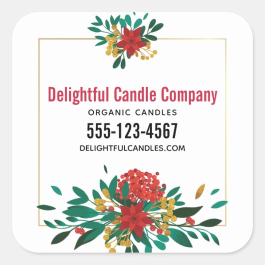 Modern Red Green & Gold Kerstmis Floral Business Vierkante Sticker (Voorkant)