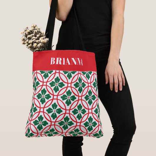 Modern Red Green Kerstmis Holly Pattern - Aangepas Tote Bag (Dichtbij)