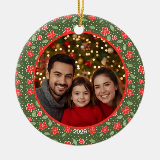 Modern Red & Green Personalized Floral Photo Keramisch Ornament (Voorkant)