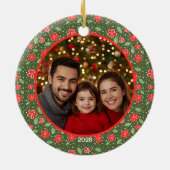 Modern Red & Green Personalized Floral Photo Keramisch Ornament (Achterkant)