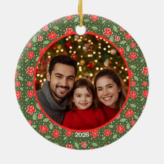 Modern Red & Green Personalized Floral Photo Keramisch Ornament (Achterkant)