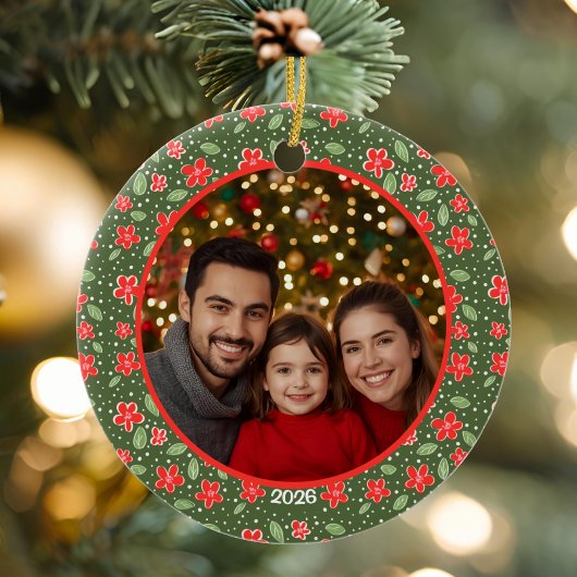 Modern Red & Green Personalized Floral Photo Keramisch Ornament