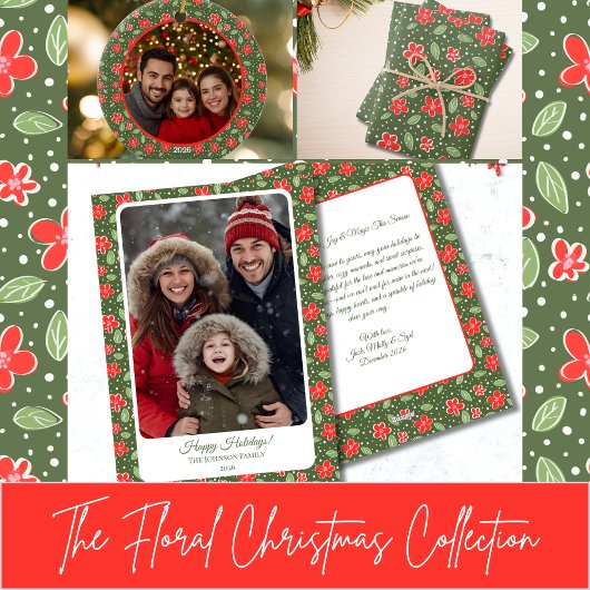 Modern Red & Green Personalized Floral Photo Keramisch Ornament