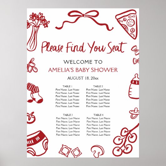 Modern Red Hand Drawn Italian Pizza Seating Chart Poster (Voorkant)