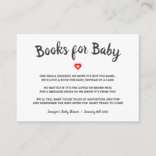 Modern Red Heart brengt een boek Baby shower mee Informatiekaartje