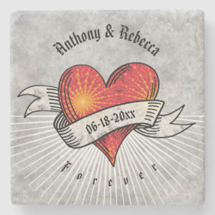 Modern Red Heart Fractal Wedding Jubileum Stenen Onderzetter