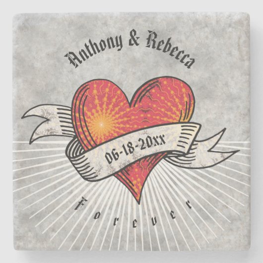 Modern Red Heart Fractal Wedding Jubileum Stenen Onderzetter (Voorkant)