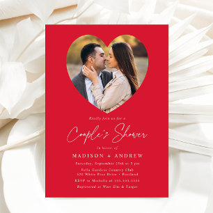 Modern Red Heart Photo Couple's Shower Kaart