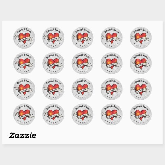 Modern Red Heart Voeg namen en datum toe Ronde Sticker (Vel)