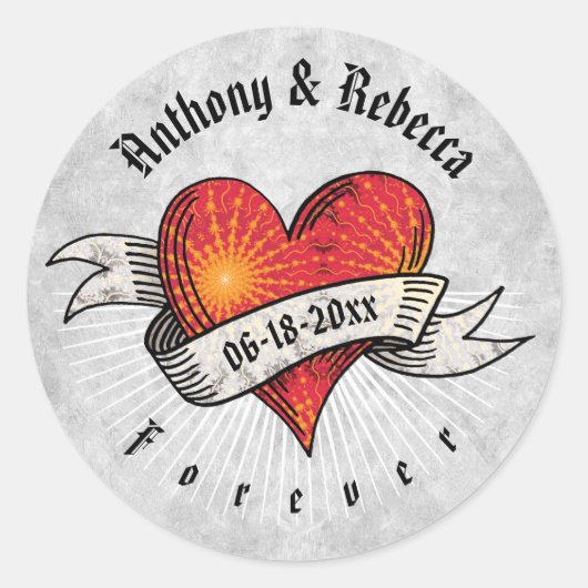Modern Red Heart Voeg namen en datum toe Ronde Sticker (Voorkant)