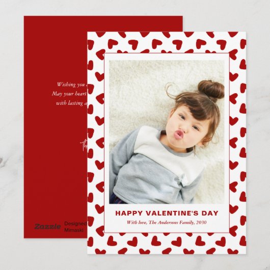 Modern Red Hearts Pattern One Photo Valentines Day Feestdagenkaart (Voorkant / Achterkant)