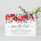 Modern Red Holly Berries Holiday Floral Wedding Save The Date (Staand voorkant)