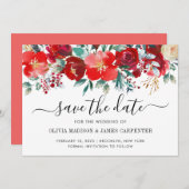Modern Red Holly Berries Holiday Floral Wedding Save The Date (Voorkant / Achterkant)