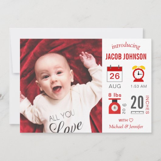 Modern Red Infographic Photo Birth Announcement Aankondiging (Voorkant)