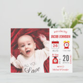 Modern Red Infographic Photo Birth Announcement Aankondiging (Staand voorkant)
