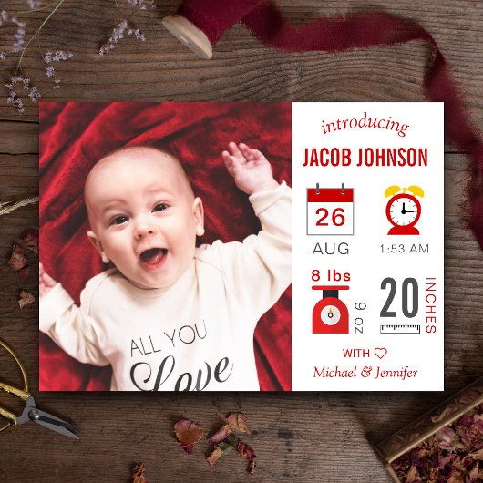 Modern Red Infographic Photo Birth Announcement Aankondiging