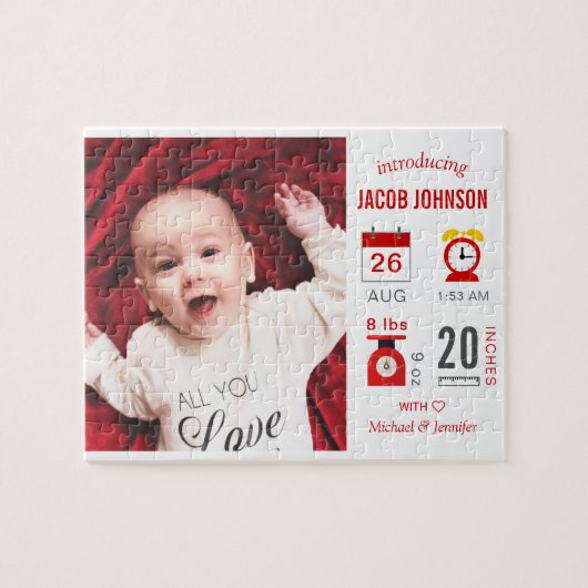 Modern Red Infographic Photo Birth Announcement Legpuzzel (Horizontaal)
