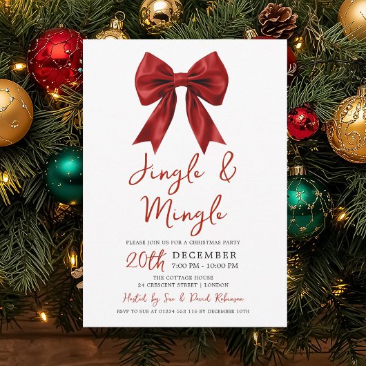 Modern Red Jingle Mingle Christmas Party Glam Bow Kaart