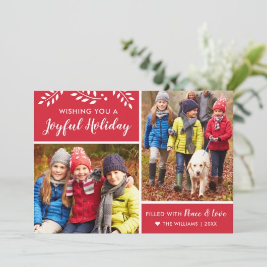 Modern Red Joyful Holiday Photo Collage Feestdagenkaart (Staand voorkant)