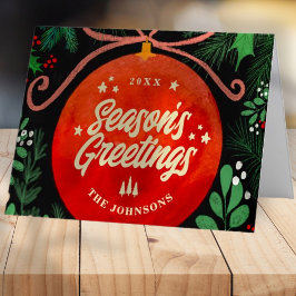 Modern Red Kerstbal Ornament Botanical Feestdagen Kaart