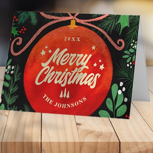 Modern Red Kerstbal Ornament Botanical Feestdagen Kaart