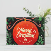 Modern Red Kerstbal Ornament Botanical Feestdagenkaart (Staand voorkant)