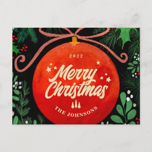 Modern Red Kerstbal Ornament Botanical Feestdagenkaart (Voorkant)
