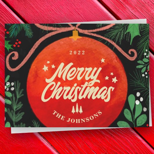 Modern Red Kerstbal Ornament Botanical Feestdagenkaart