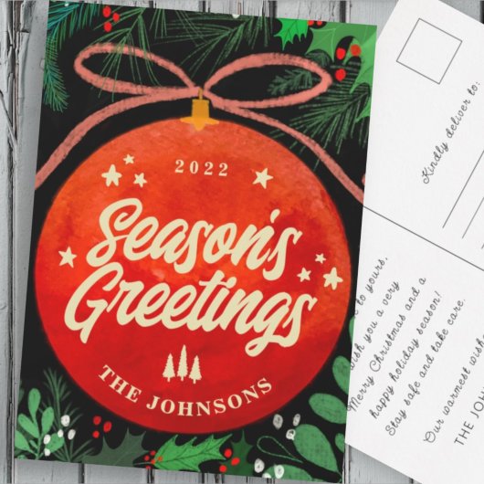 Modern Red Kerstbal Ornament Botanical Feestdagenkaart