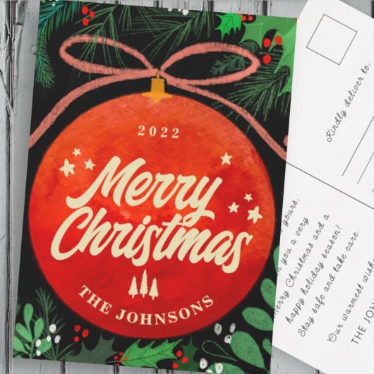 Modern Red Kerstbal Ornament Botanical Feestdagenkaart